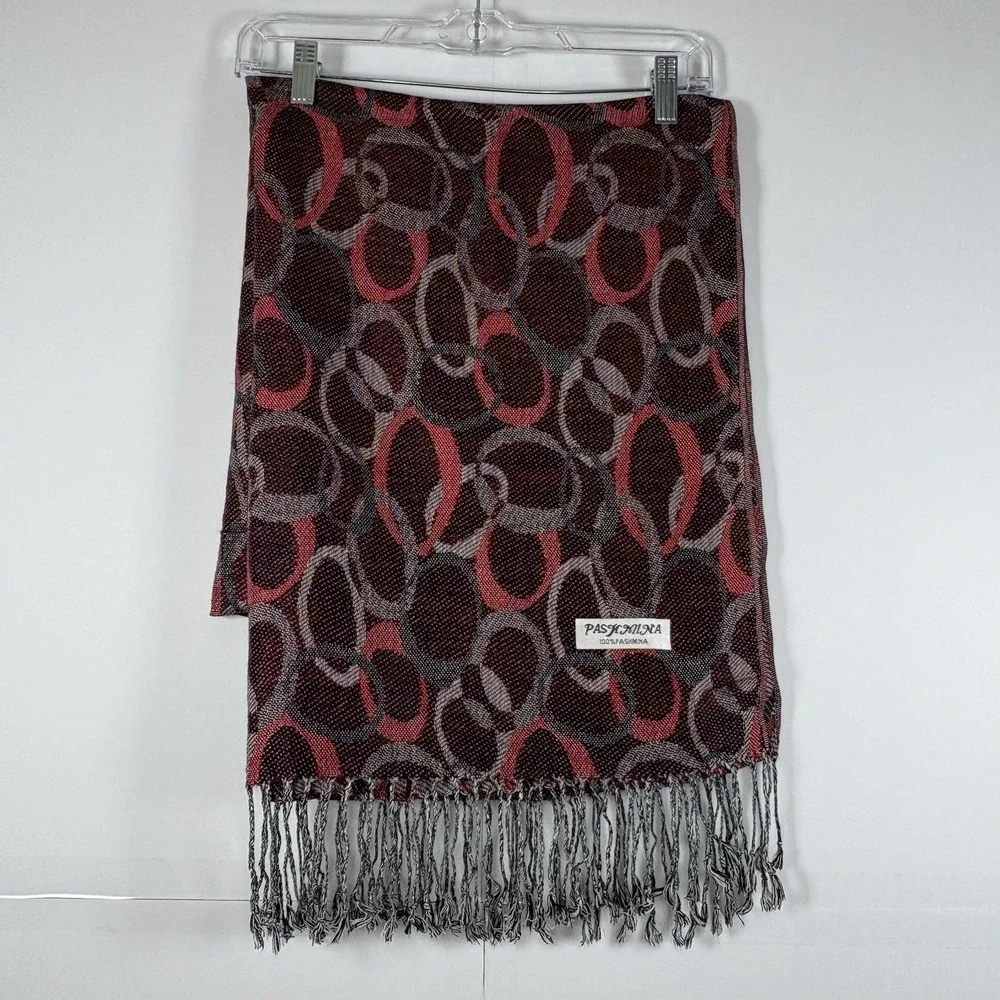 Pashmina Red & Black Geometric Print Silk Pashmina Blend Scarf Fringe Wrap 22x70